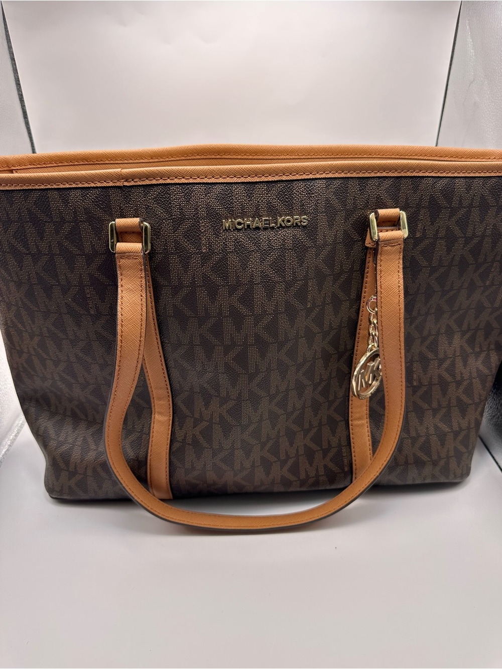 Michael Kors Brown Signature MK Tote with Tan Trim